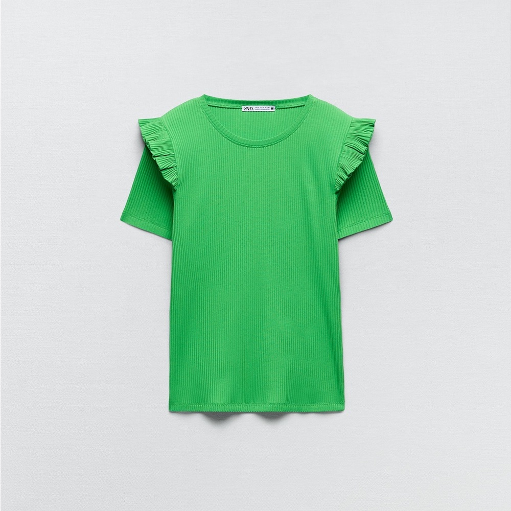 Zara Ribbed T Shirt with Ruffle Detail